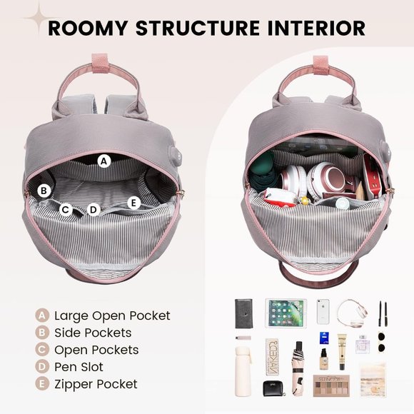 Women Pink & Grey Stylish Waterproof Mini Backpack with USB Port main image 7